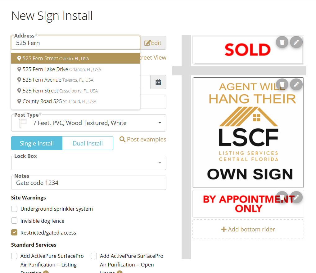 Real Estate Sign Installation Order Screen